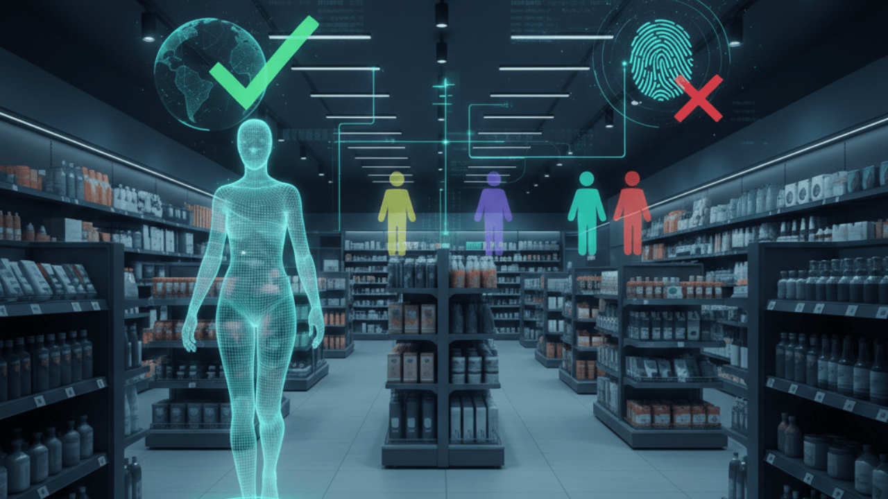 A futuristic grocery store aisle featuring holographic overlays. A wireframe human figure walks toward the foreground, marked with a green checkmark and a globe icon. In the background, a digital fingerprint icon is marked with a red "X," symbolizing the prevention of biometric data collection.