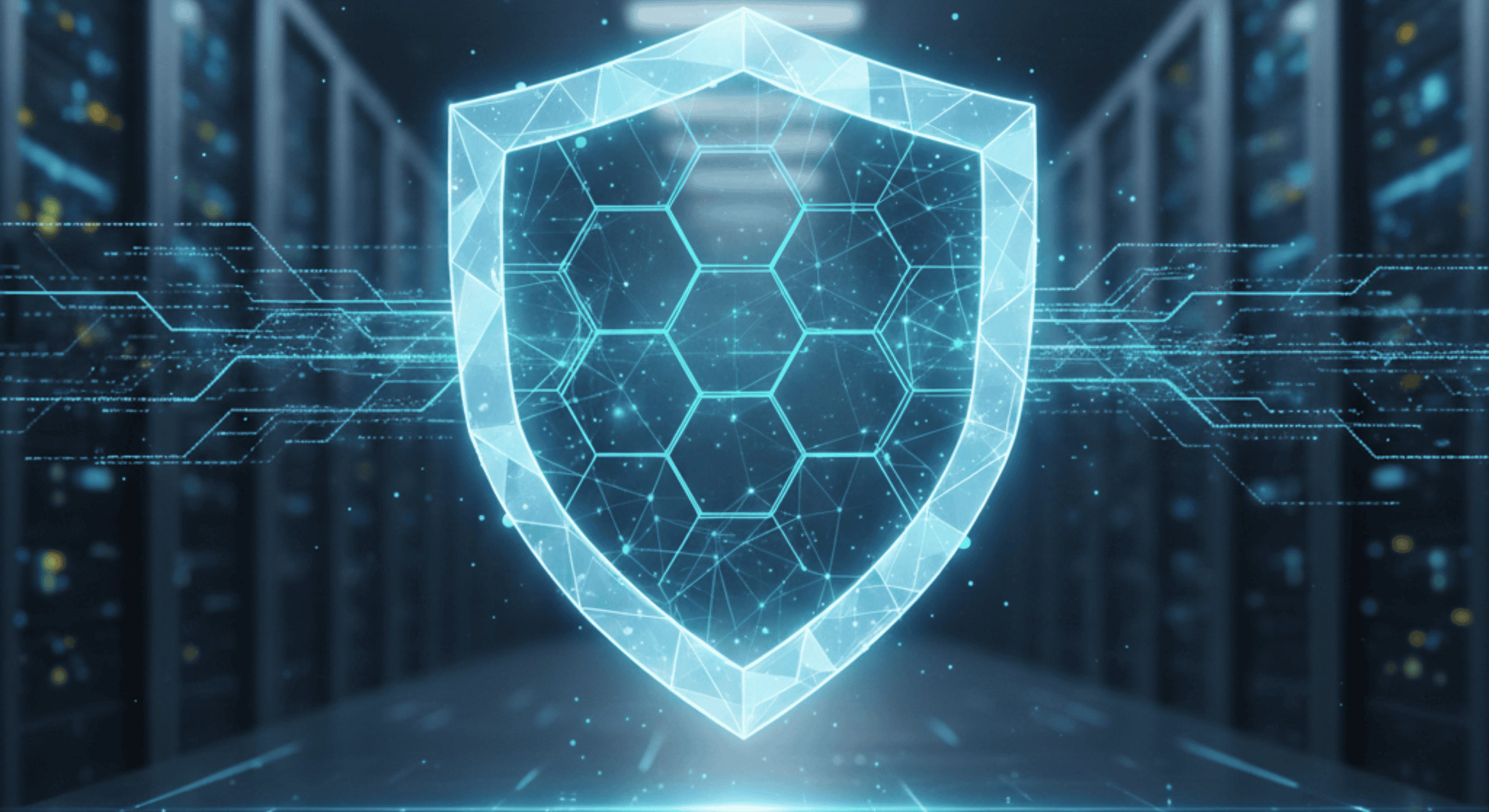 A glowing, blue holographic shield with a geometric honeycomb pattern floats in the center of a high-tech data center server room, representing digital protection and third-party AI vetting.