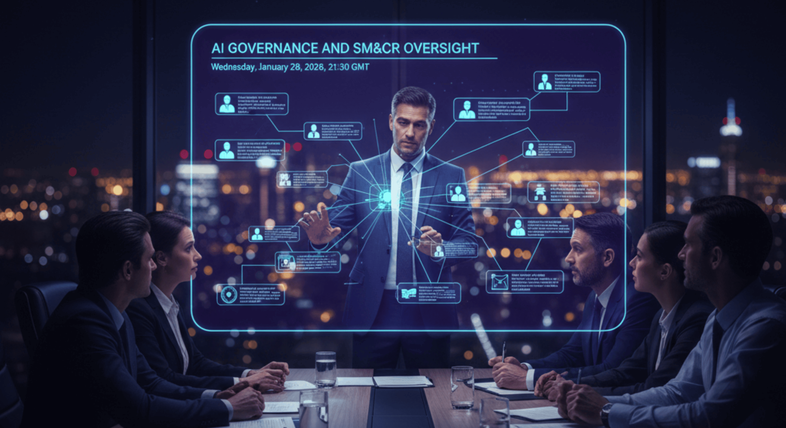 A male executive standing in a dimly lit, high-tech boardroom at night, presenting a glowing blue "AI Governance and SM&CR Oversight" digital dashboard to a group of seated professionals against a backdrop of a city skyline.