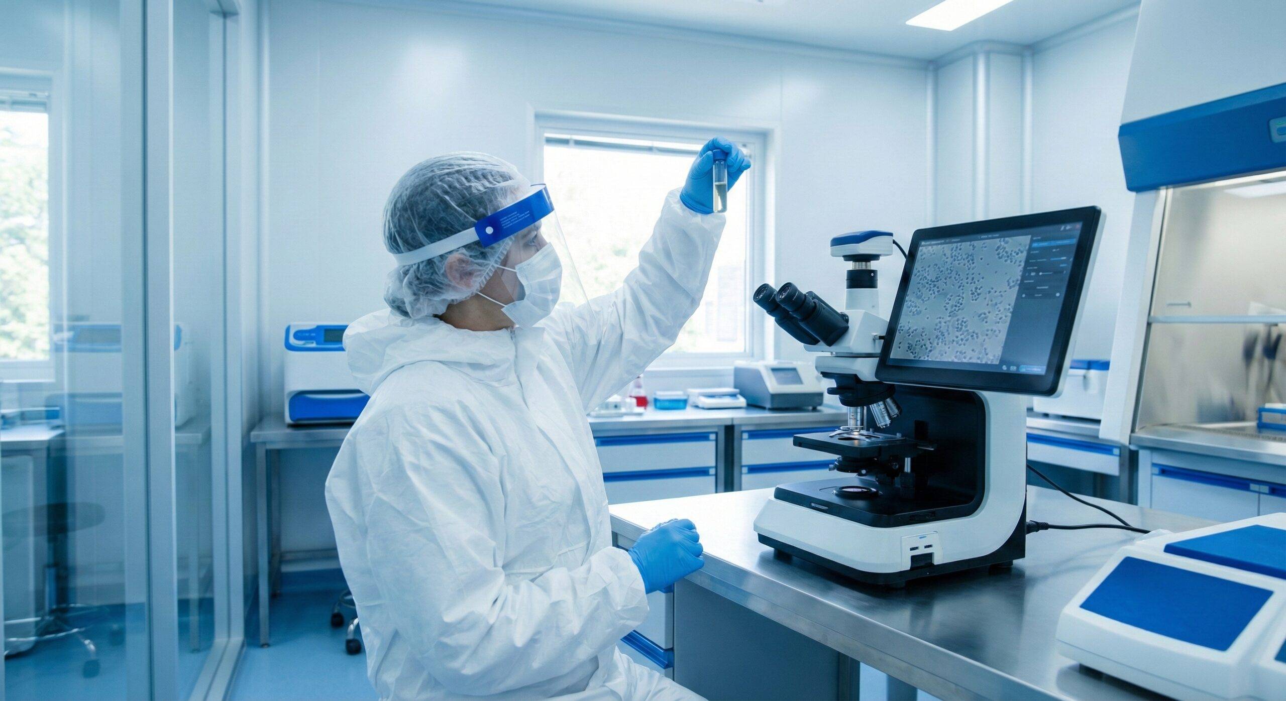 Biotechnology researcher in Birmingham laboratory ensuring clinical trial data compliance.
