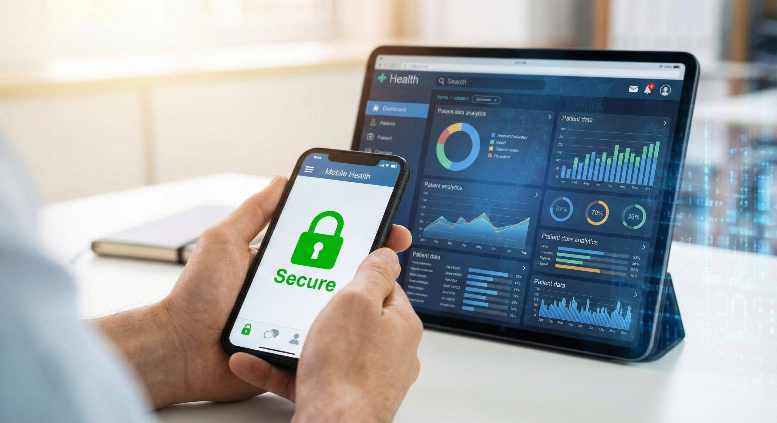 Digital health application interface displaying secure patient data analytics for HealthTech AI.