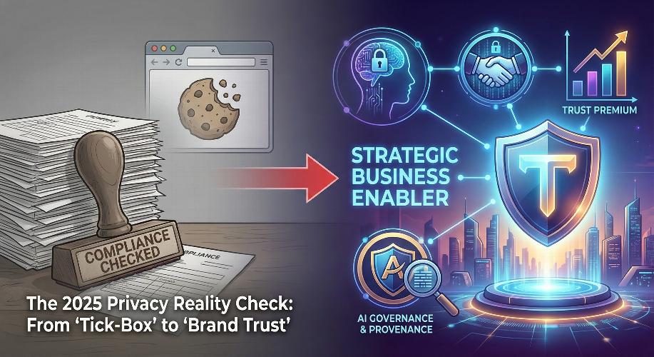 Conceptual graphic showing the transition from 'Compliance Checked' paperwork and browser cookies to a 'Strategic Business Enabler' model featuring digital security shields, AI governance, and brand trust icons.