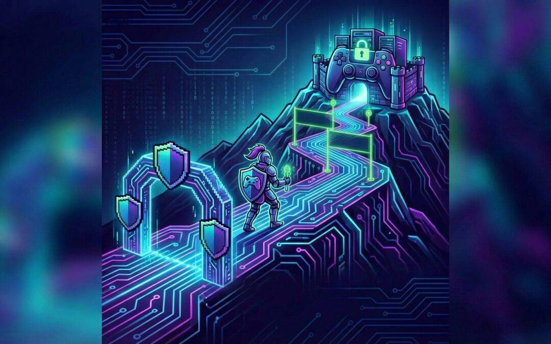 Neon 8-bit pixel art illustration of a digital knight climbing a winding circuit-board path toward a castle fortified with servers and a game controller. The path features glowing security checkpoints, symbolizing the compliance journey for the gaming industry.