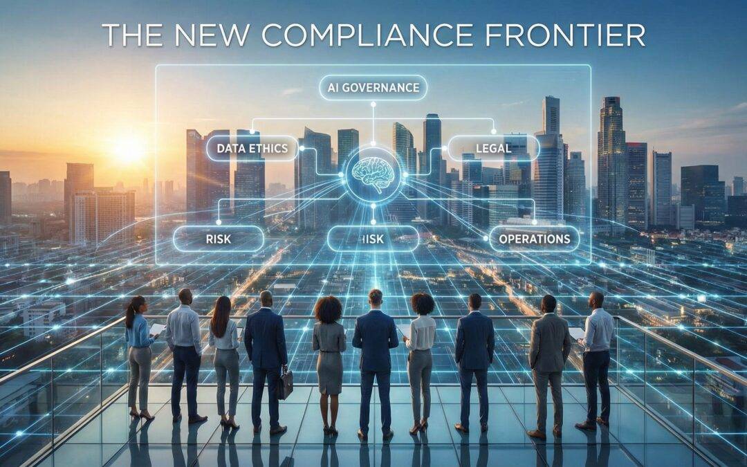 A team of business professionals standing on a high-rise balcony looking at a futuristic city skyline overlaid with a holographic organizational chart labeled 'AI Governance,' 'Data Ethics,' 'Legal,' and 'Risk,' with the title text 'THE NEW COMPLIANCE FRONTIER' overhead.