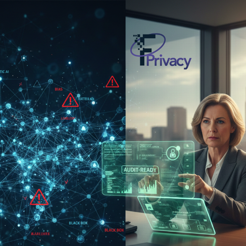 A split-screen image showing a complex digital network with warning icons labeled "BIAS" and "BLACK BOX" on the left, and a professional woman interacting with a holographic "AUDIT-READY" interface under the "F Privacy" logo on the right.