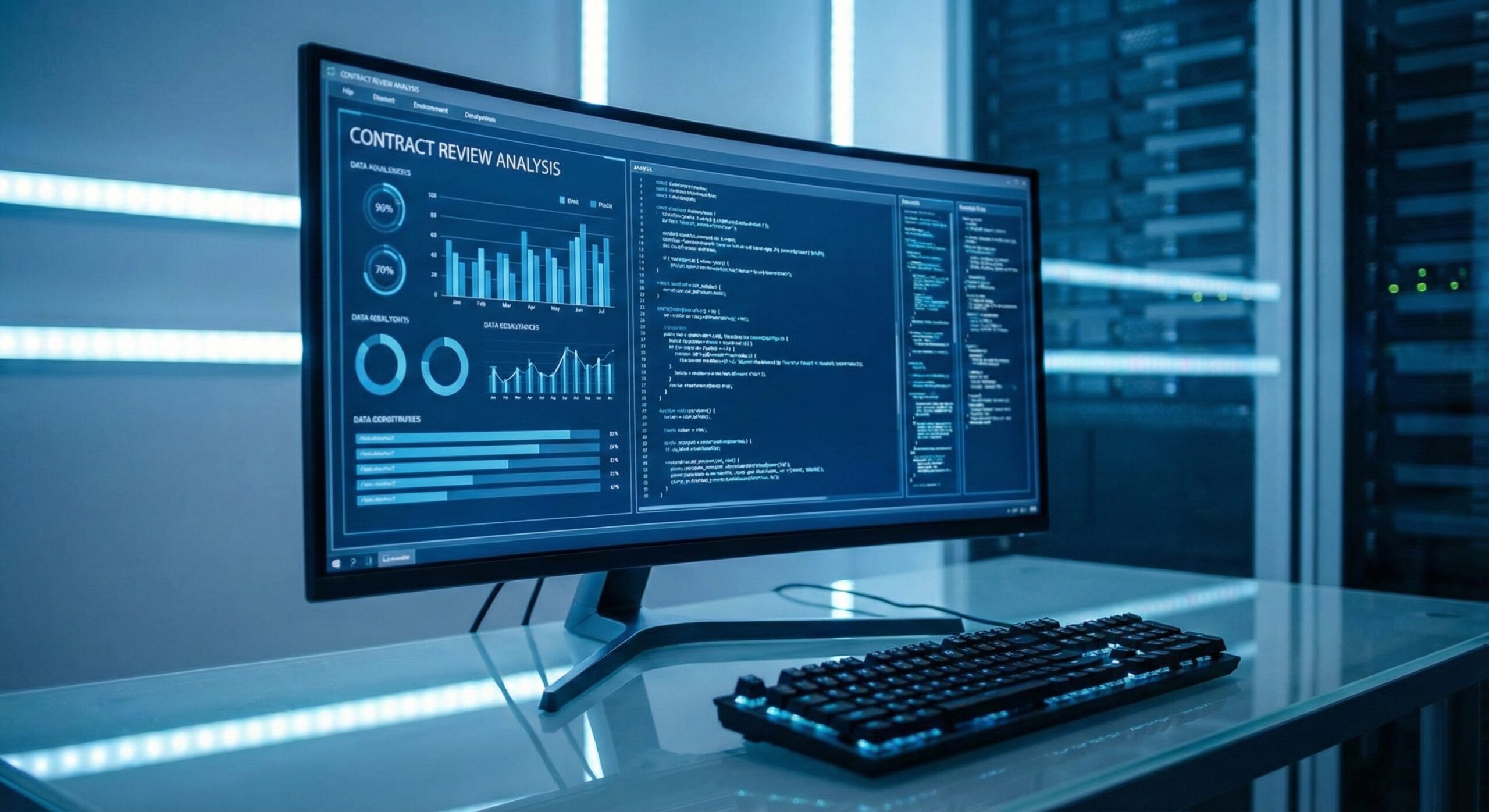 Legal-Tech AI software dashboard displaying automated contract review and data privacy compliance metrics.