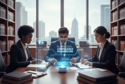 A specialized Formiti legal team in a Birmingham office reviewing complex education contracts and data processing agreements. A digital overlay displays 'Legal & Regulatory Compliance,' with nodes highlighting 'Data Use & Access Act 2025,' 'Contractual Risk Transfer,' and 'Liability Protection,' showcasing the legal safeguard provided to West Midlands schools and Academy Trusts.