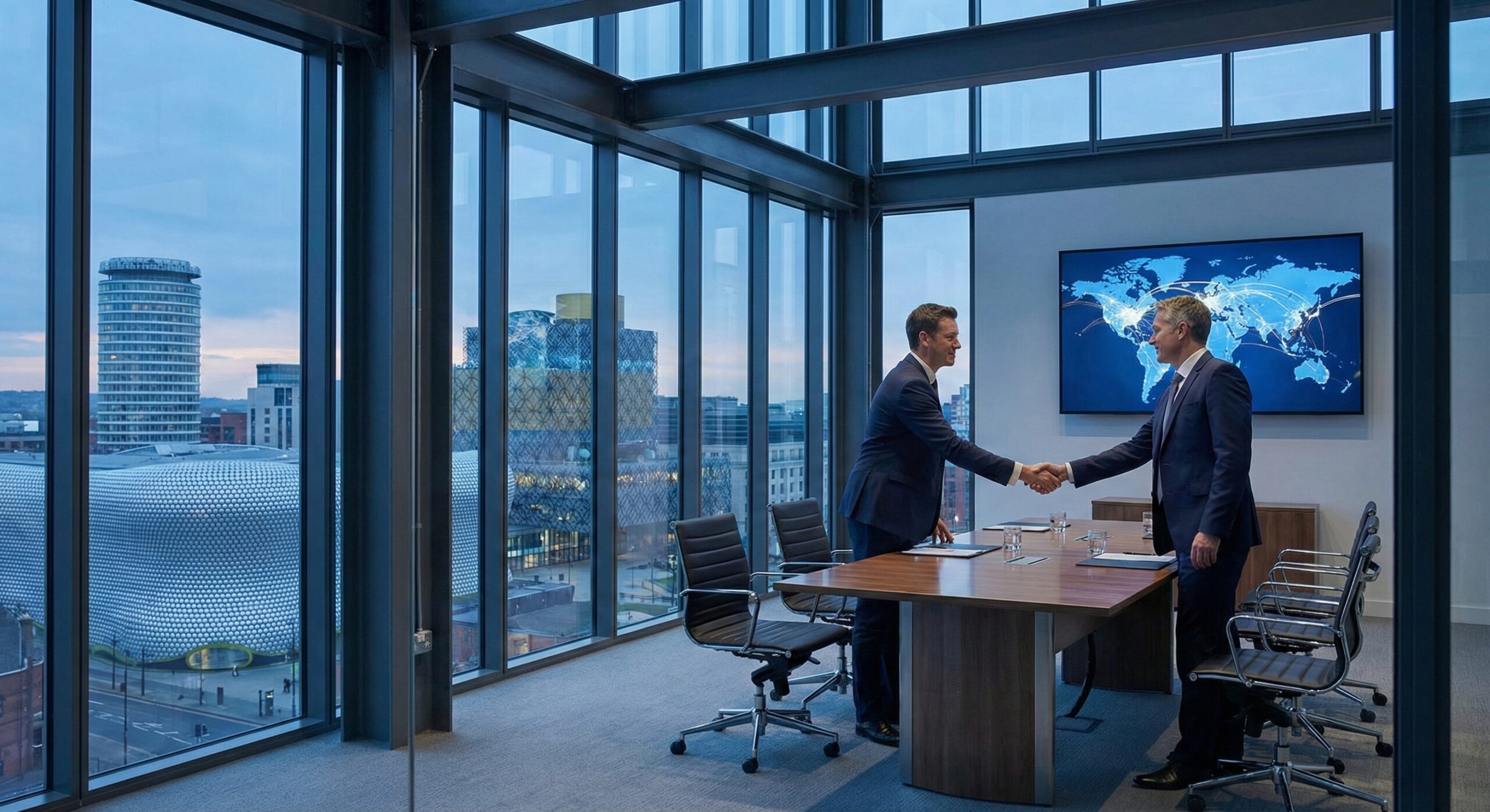 Corporate law boardroom in Birmingham overlooking city skyline, representing cross-border data governance