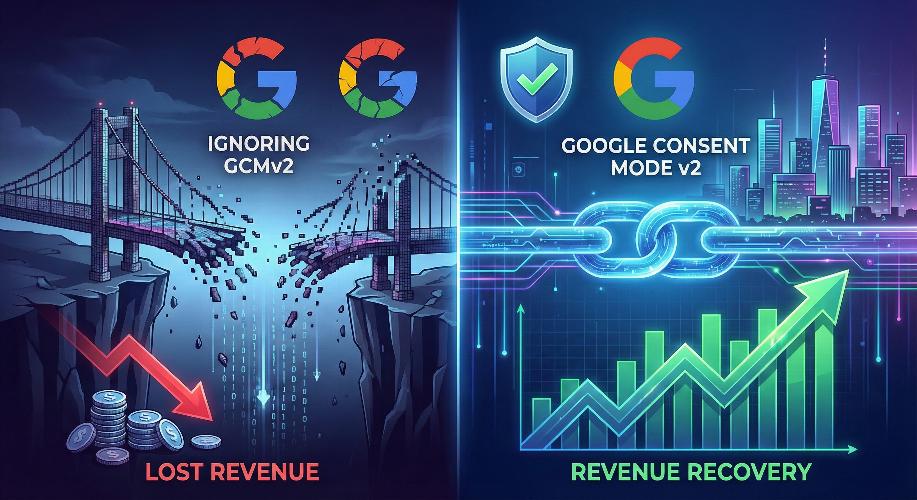 A split-screen comparison showing the consequences of ignoring Google Consent Mode v2 (GCMv2) versus implementing it; the left side shows a broken bridge and falling revenue, while the right side shows a secure digital chain, a thriving city, and rising revenue graphs.