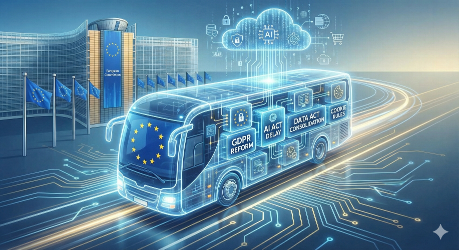 The central figure is a high-tech, glowing blue bus—a literal "omnibus." In legislative terms, an omnibus bill is one that packages several different, often unrelated, topics into a single document. This image illustrates how the EU is attempting to "drive" multiple regulations toward a unified digital market.