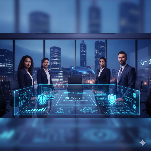 A professional team of four in business attire stands behind a futuristic, glowing blue holographic interface displaying the "Formiti" logo and data security icons in a high-rise office overlooking a city at night.
