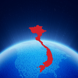 Futuristic neon blue globe with a transparent map of Vietnam overlay, representing the 2026 Personal Data Protection Law (PDPL)