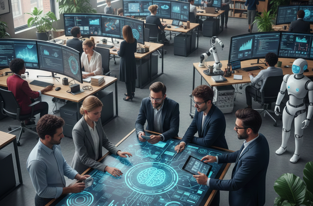 AI workplace productivity. A high-angle view of a modern, sunlit office where diverse professionals collaborate using advanced technology. In the foreground, a team gathers around a large glowing digital tabletop displaying data visualizations and a neural network brain icon. In the background, other employees work at curved monitors while a sleek white humanoid robot stands nearby, illustrating the seamless integration of AI and human labor in a productive workspace.