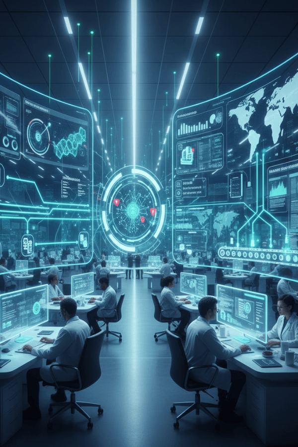 A futuristic operations center with scientists at computer workstations monitoring vast holographic data screens, depicting global maps, analytics, and data flows in a high‑tech, automated “factory” environment.