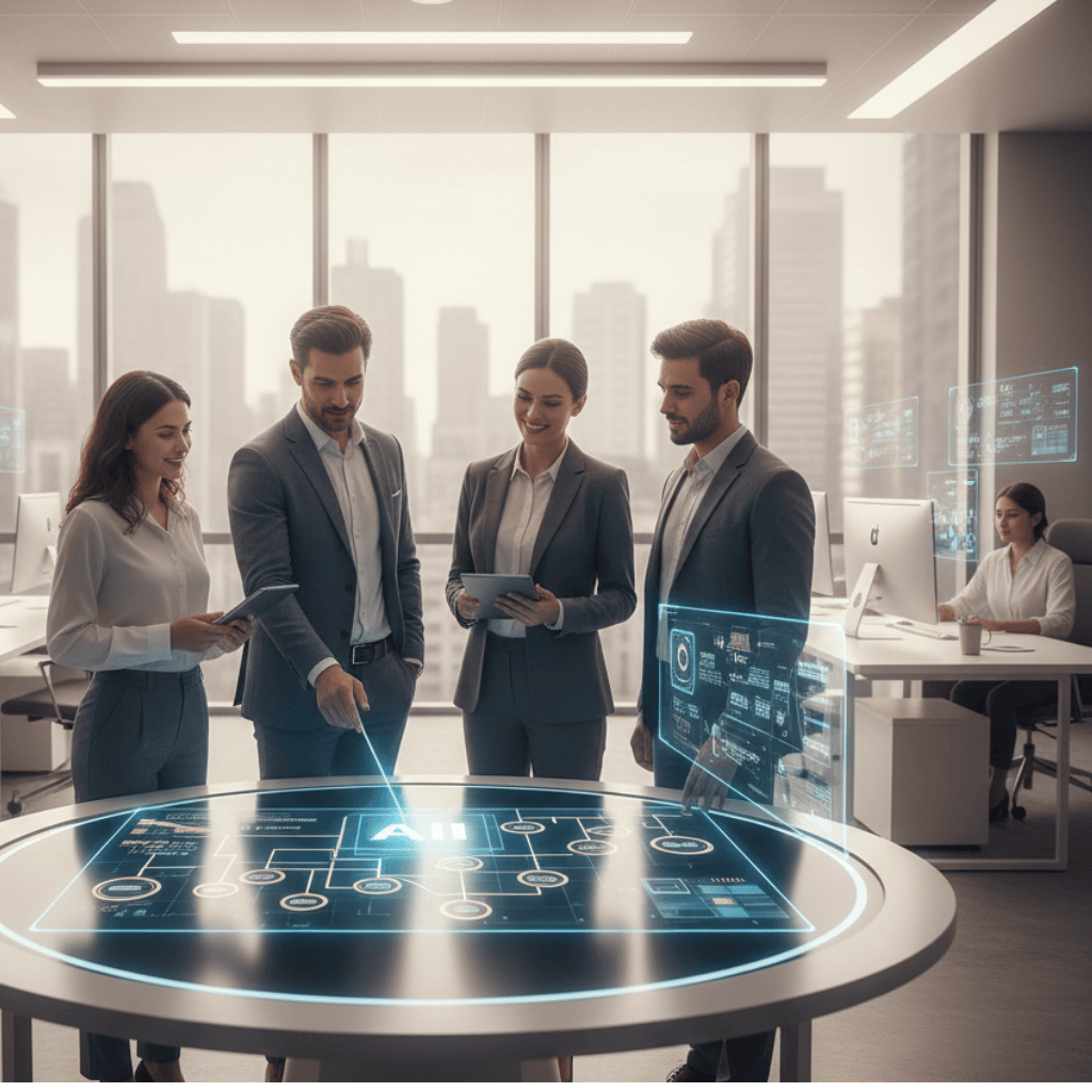 Alt text:<br />
A group of business professionals stand around a circular digital table displaying an AI workflow interface, collaborating on life sciences AI and EU AI Act governance in a modern office.