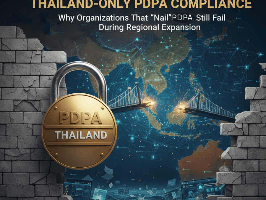 A conceptual image titled "The Hidden Cost of Thailand-Only PDPA Compliance." It features a large gold padlock labeled "PDPA Thailand" securing a stone wall, while in the background, a bridge connecting Thailand to the rest of the Southeast Asian map is fractured and broken, symbolizing a disconnect in regional data expansion.
