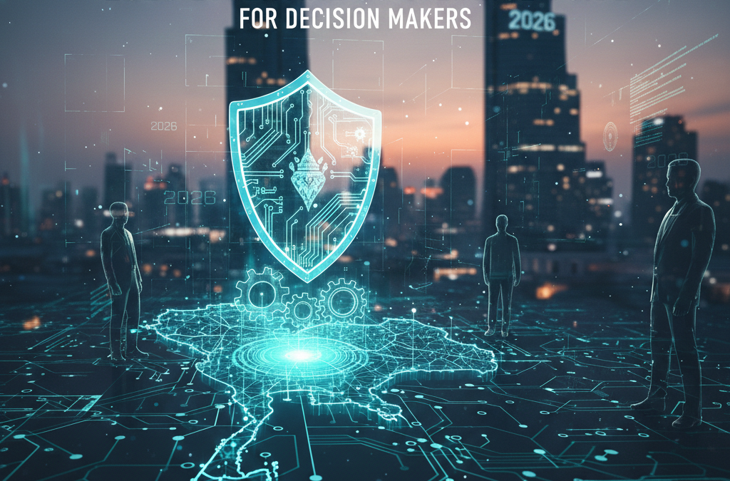 A futuristic digital map of Thailand glowing in cyan on a dark tech-themed surface. A large, semi-transparent shield icon with circuit-board patterns and a traditional Thai-inspired motif floats above the map, symbolizing AI regulation and protection. The background shows a blurred night-time cityscape of Bangkok with "2026" displayed in digital HUD elements.