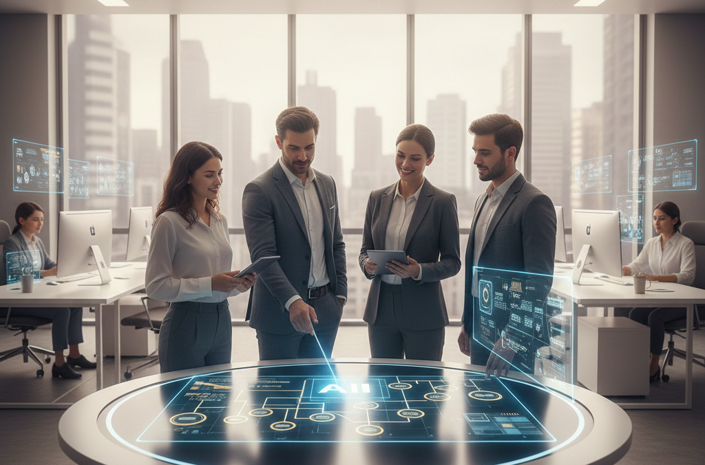 A group of four business leaders in a high-rise office standing around a circular digital touch-table. The table displays a glowing holographic flowchart and organizational nodes, symbolizing a strategic AI implementation roadmap. Through the large windows, a city skyline is visible, while other employees work at clean, modern workstations in the background.