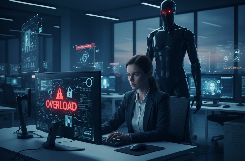 A stressed office worker sitting at a computer desk in a dimly lit, blue-toned office. Her monitor displays a prominent red "OVERLOAD" warning and a lock icon. Standing directly behind her is a tall, shadowy black humanoid robot with glowing red eyes, representing the pressure and surveillance risks of AI in the workplace.