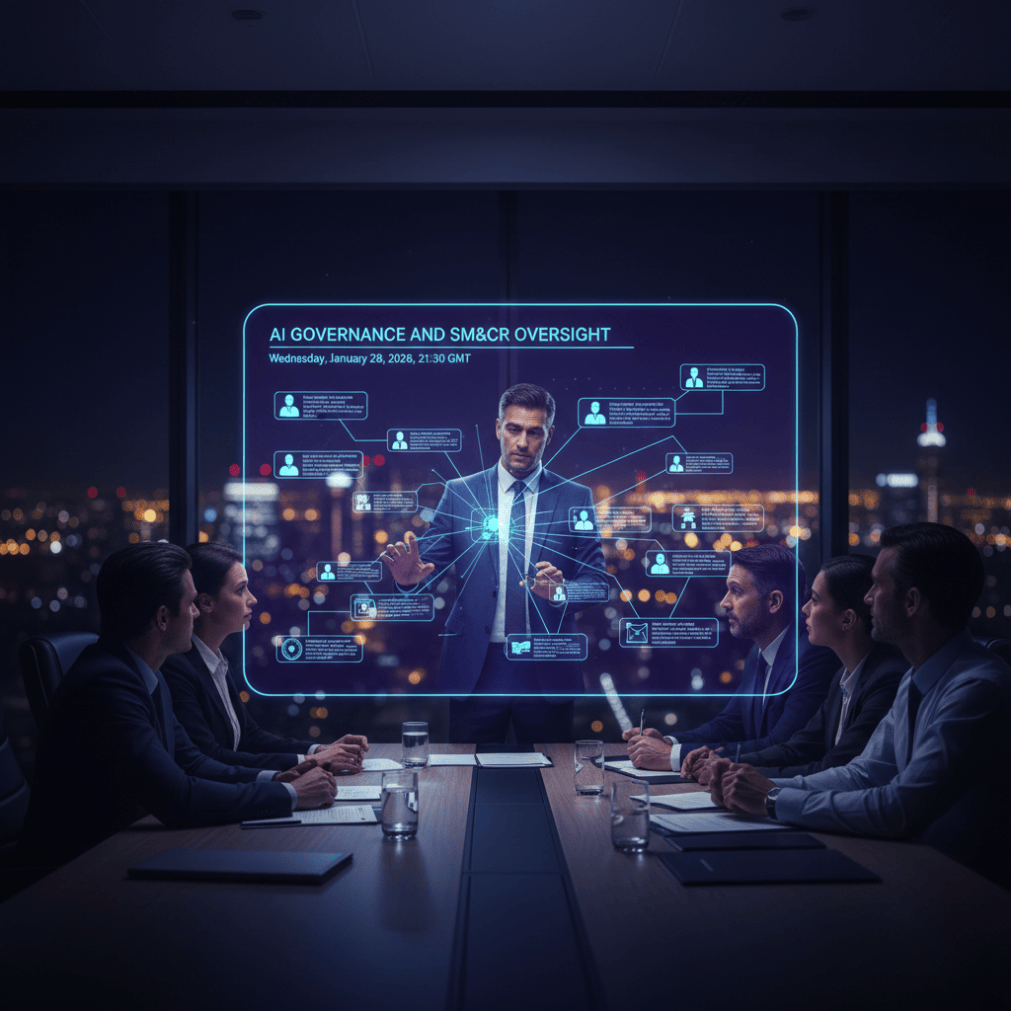 A business leader presents an AI governance and oversight dashboard on a large transparent screen to a boardroom of executives during a night‑time city meeting.