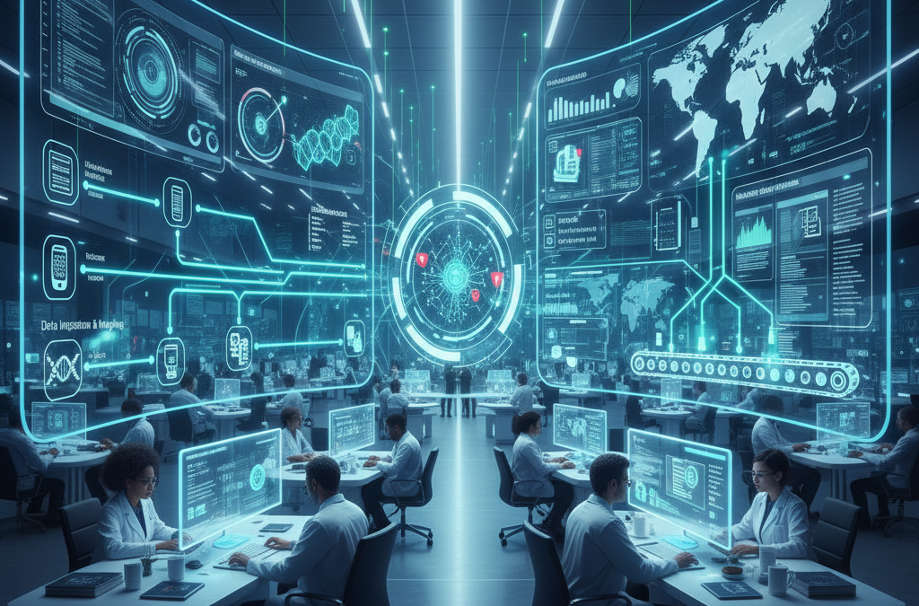 A futuristic operations center with scientists at computer workstations monitoring vast holographic data screens, depicting global maps, analytics, and data flows in a high‑tech, automated “factory” environment.