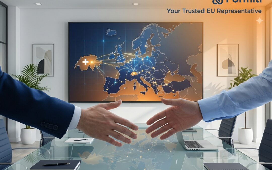 Two businesspeople in suits reach out to shake hands across a modern conference table, with a large digital map of Europe glowing on the wall behind them and the Formiti logo and tagline “Your Trusted EU Representative” in the top-right corner.