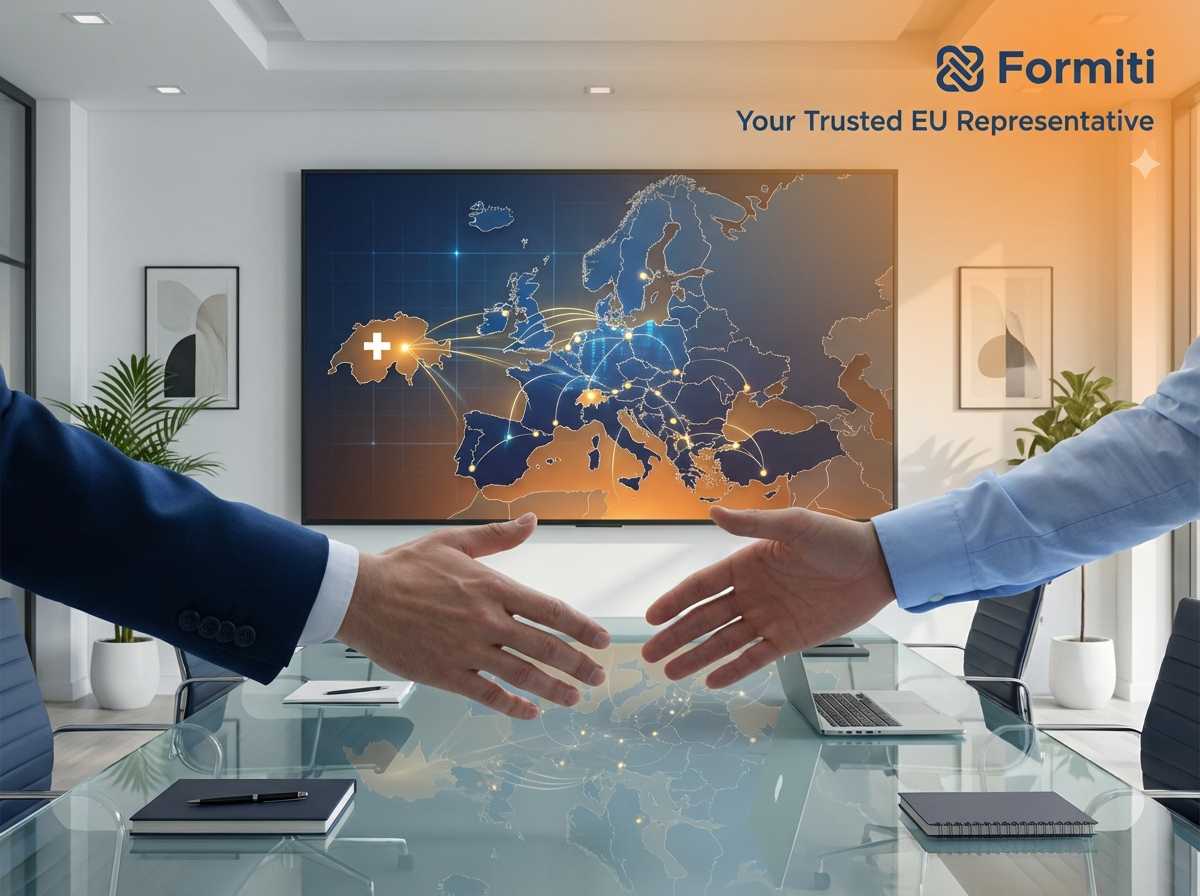 Two businesspeople in suits reach out to shake hands across a modern conference table, with a large digital map of Europe glowing on the wall behind them and the Formiti logo and tagline “Your Trusted EU Representative” in the top-right corner.