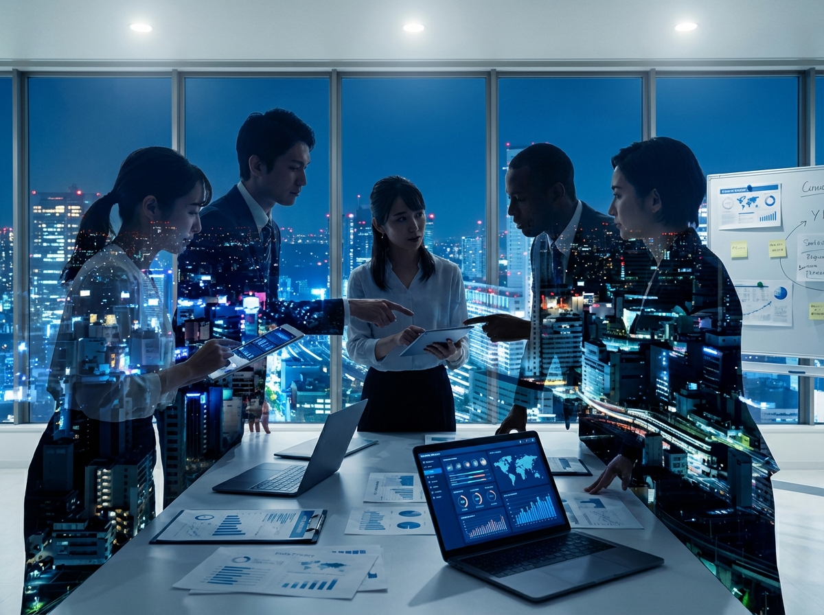 Diverse business team in a glass-walled conference room at night, collaborating around a table covered with charts and laptops, with a city skyline and data graphics overlaid on the scene.