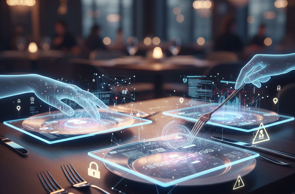 A high-tech digital dining scene in a dimly lit, elegant restaurant where diners use holographic interfaces on their plates. Blue glowing data streams, icons of locks, and location pins float above the table, symbolizing the intersection of hospitality and personal data.