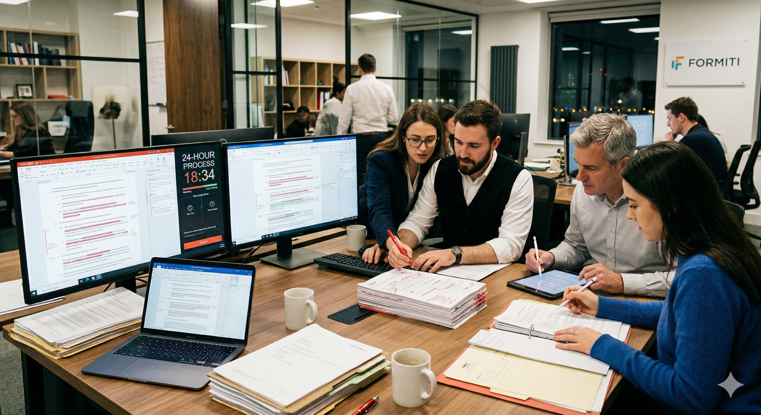 A professional team in a modern office collaborating over a redlined contract, featuring multiple computer screens showing tracked changes, stacks of documents, and a digital timer emphasizing a 24-hour turnaround.