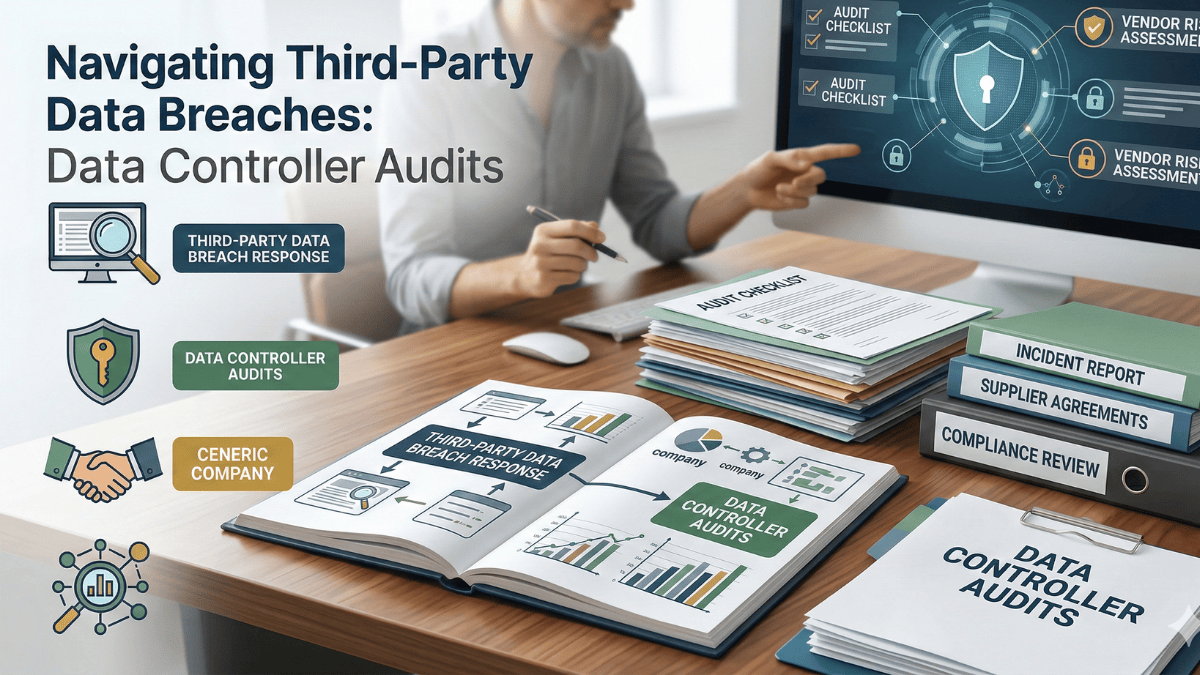 A professional workspace featuring a computer monitor displaying a security shield and "Vendor Risk Assessment" icons. On the desk, an open manual titled "Data Controller Audits" sits next to organized stacks of "Audit Checklists" and binders labeled "Supplier Agreements" and "Compliance Review," illustrating the systematic process of managing third-party data risks.