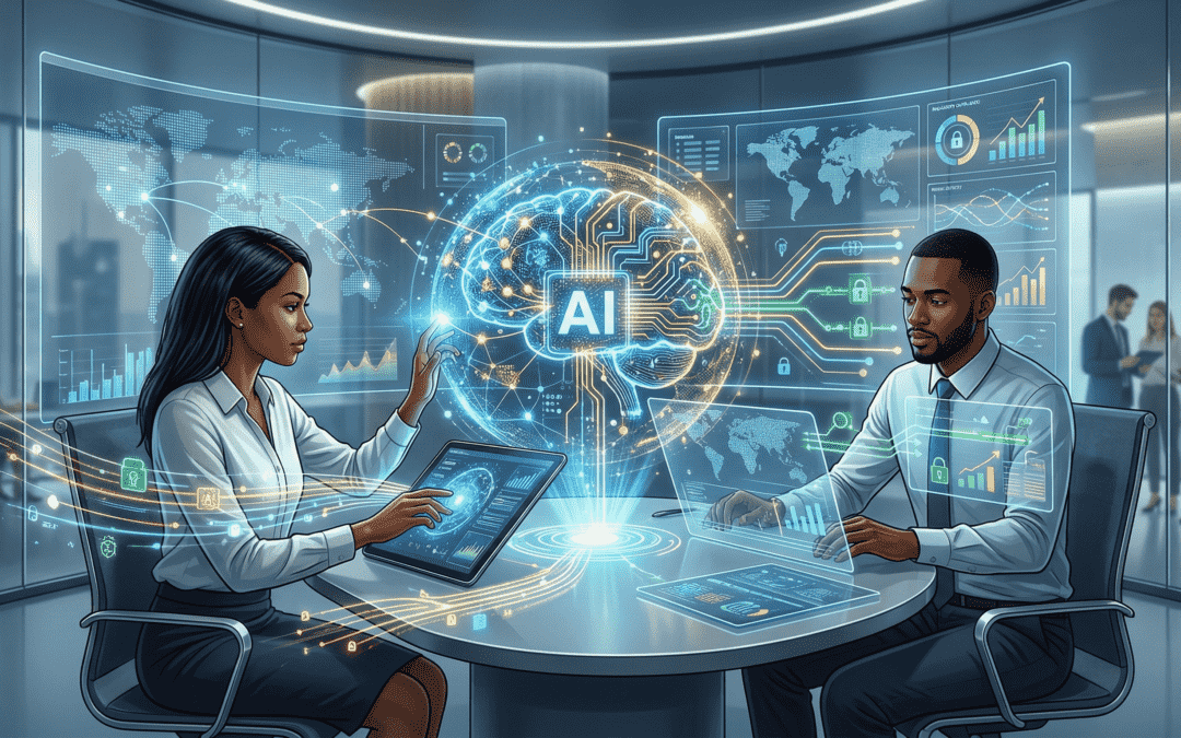 A high-tech, modern office setting where two data protection professionals interact with a glowing, holographic digital brain and complex data visualizations. The scene symbolizes AI governance, global data security, and advanced oversight.