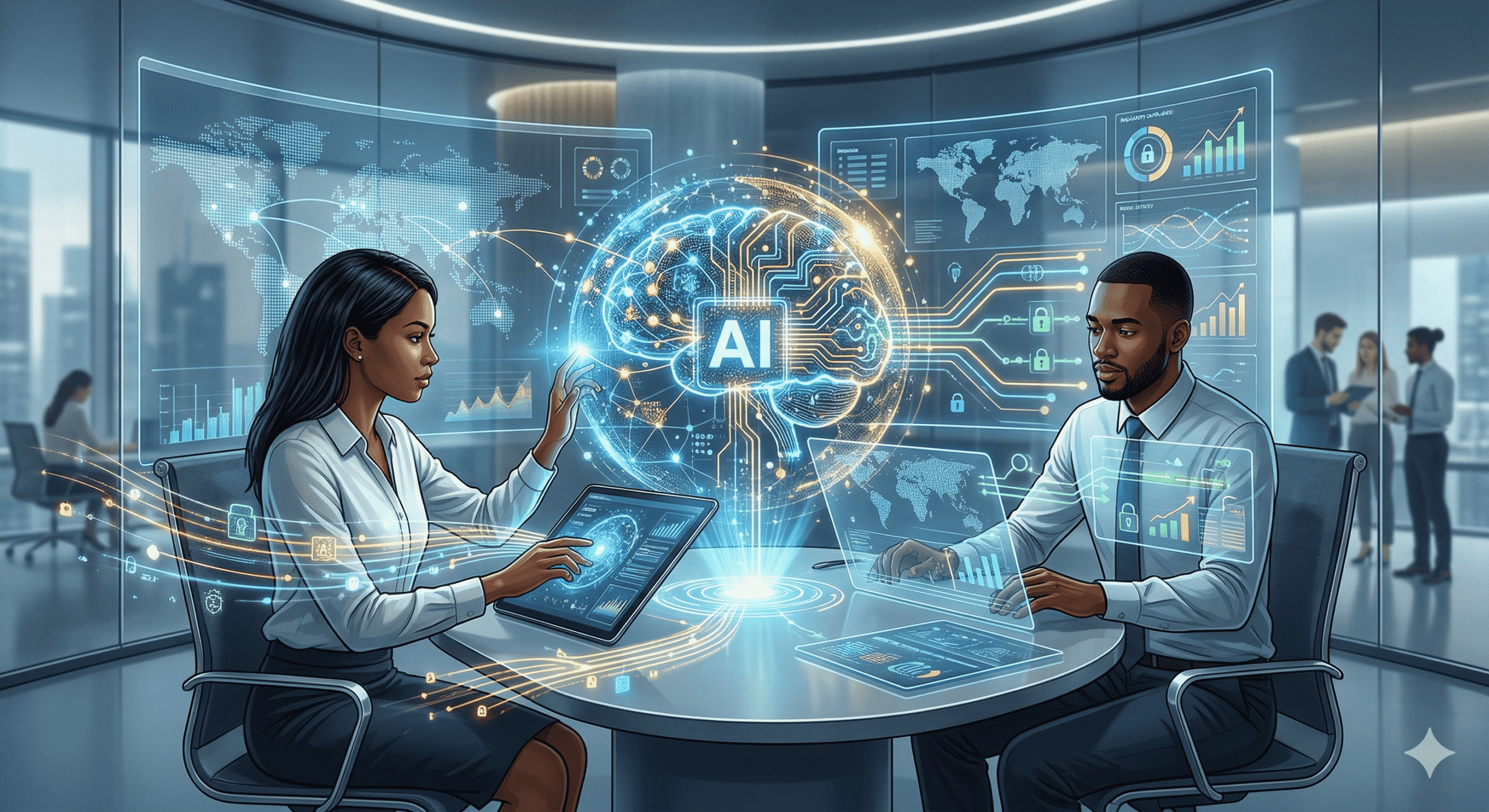 A high-tech, modern office setting where two data protection professionals interact with a glowing, holographic digital brain and complex data visualizations. The scene symbolizes AI governance, global data security, and advanced oversight.