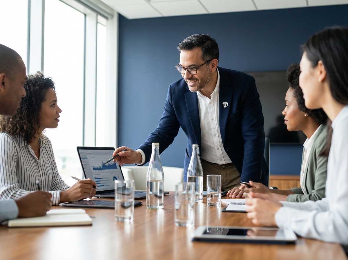 Business professional standing and presenting to a diverse team in a conference room, pointing at a laptop screen during a meeting