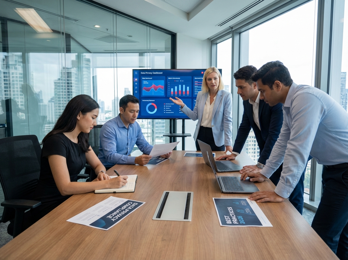 Five business professionals in a modern glass-walled conference room, gathered around a wooden table while a woman standing near a large screen presents charts and graphs; two colleagues use laptops, one takes notes, and printed reports lie on the table.”
