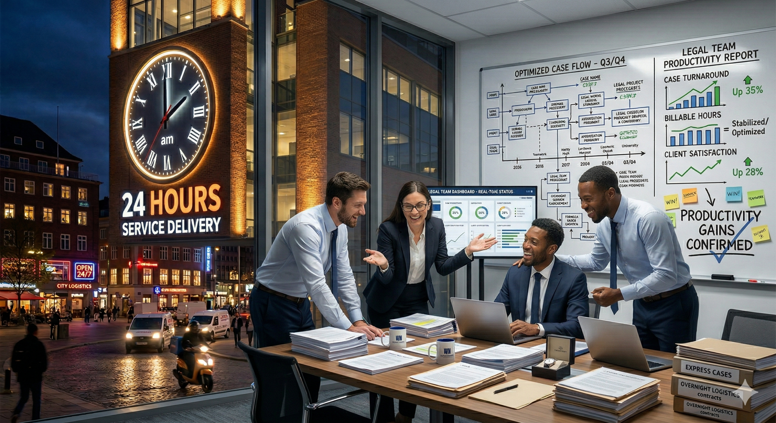 Certainly! Here is the alt text and a detailed description for the image of the happy legal team, tailored to meet the needs of users relying on screen readers and for SEO purposes.</p>
<p>Alt Text<br />
A diverse legal team celebrates their productivity gains in a modern office, standing and sitting around a table covered in documents and laptops. Behind them is a digital screen showing performance charts, a whiteboard with a flowchart, and a prominent text box reading "Productivity Gains Confirmed." A large window looks out onto a city street at night with a brick building and a illuminated clock tower labeled "24 Hours Service Delivery.