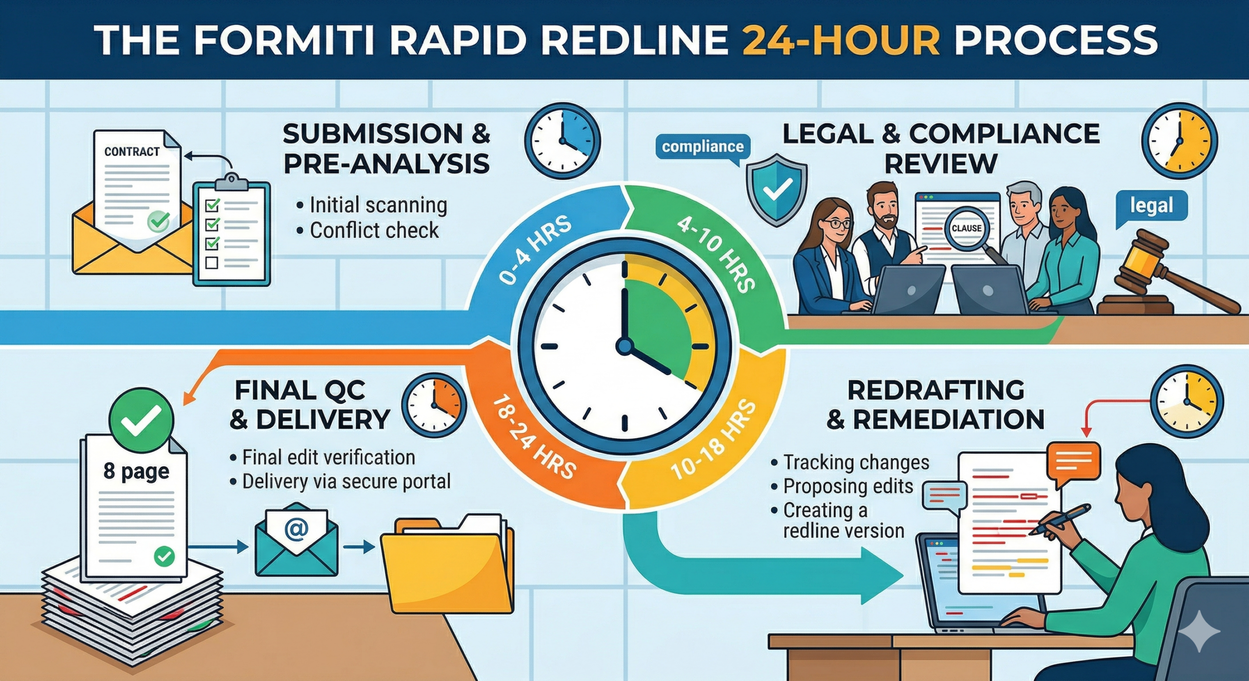 An informative infographic showing a circular 24-hour clock divided into four color-coded stages of a business service process, featuring diverse professionals working at desks, document icons, and progress charts.