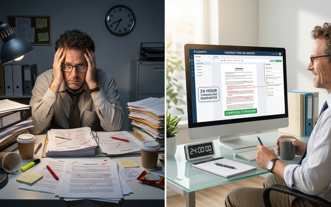 A split-screen image comparing a traditional legal process with Formiti’s service. The left side shows a stressed startup team in a dark, cluttered law office with an expensive invoice. The right side shows a bright, modern office with two happy entrepreneurs using a laptop that displays a Formiti contract redline with a "24hr Guaranteed" delivery badge.