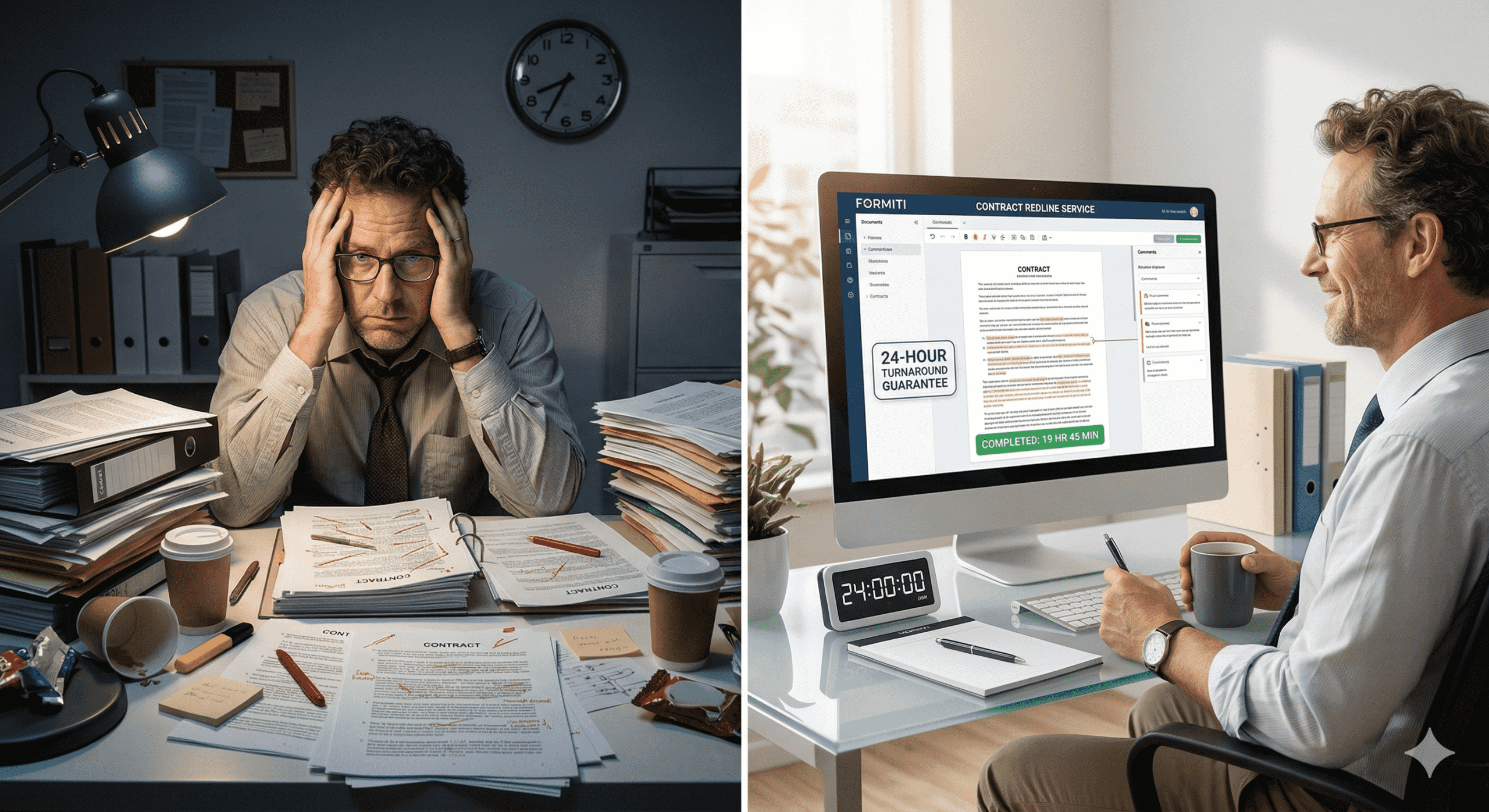 A split-screen image comparing a traditional legal process with Formiti’s service. The left side shows a stressed startup team in a dark, cluttered law office with an expensive invoice. The right side shows a bright, modern office with two happy entrepreneurs using a laptop that displays a Formiti contract redline with a "24hr Guaranteed" delivery badge.