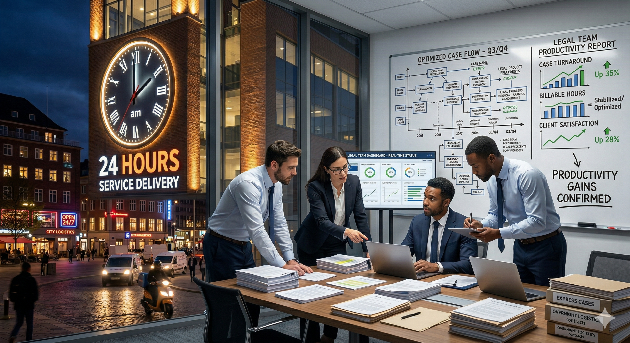 A diverse legal team working efficiently in a modern office with a large window overlooking a city street. A digital dashboard and whiteboard show charts and text indicating "Productivity Gains Confirmed" and "Up 35%" case turnaround.
