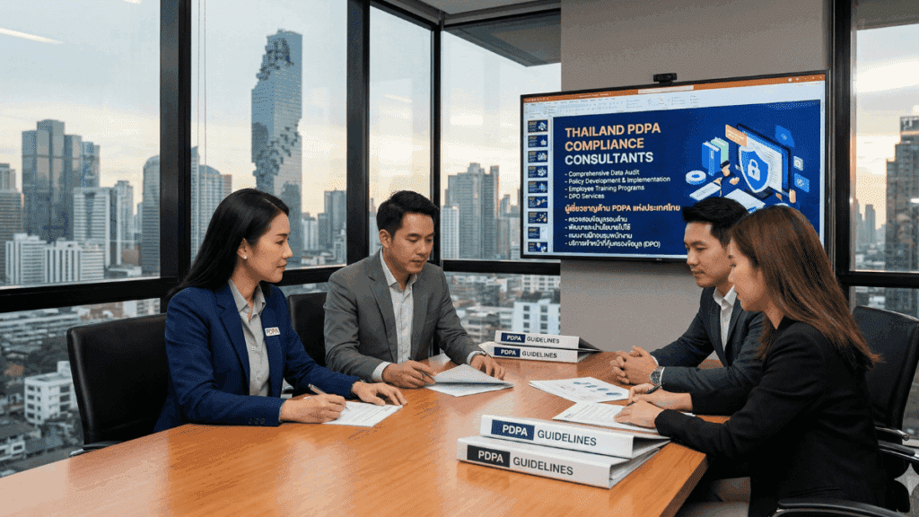 A professional group of Thai PDPA consultants in a modern Bangkok office meeting room, reviewing compliance documents with a city skyline view in the background.