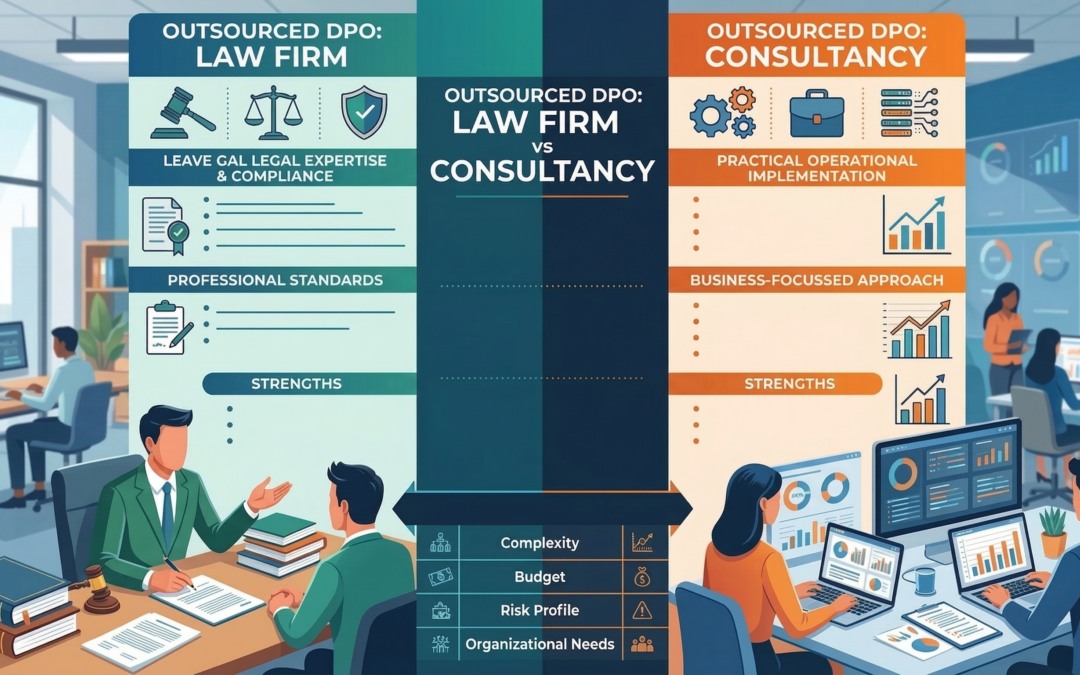 An infographic comparing an "Outsourced DPO: Law Firm" (left, teal) and an "Outsourced DPO: Consultancy" (right, orange). The Law Firm side shows professionals in a formal office with legal icons, emphasizing legal expertise and privilege. The Consultancy side shows a dynamic tech office with data charts, emphasizing operational implementation and hands-on support.
