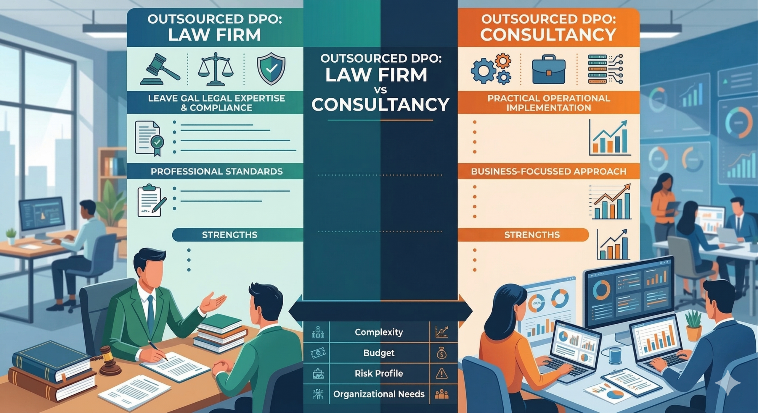 An infographic comparing an "Outsourced DPO: Law Firm" (left, teal) and an "Outsourced DPO: Consultancy" (right, orange). The Law Firm side shows professionals in a formal office with legal icons, emphasizing legal expertise and privilege. The Consultancy side shows a dynamic tech office with data charts, emphasizing operational implementation and hands-on support.